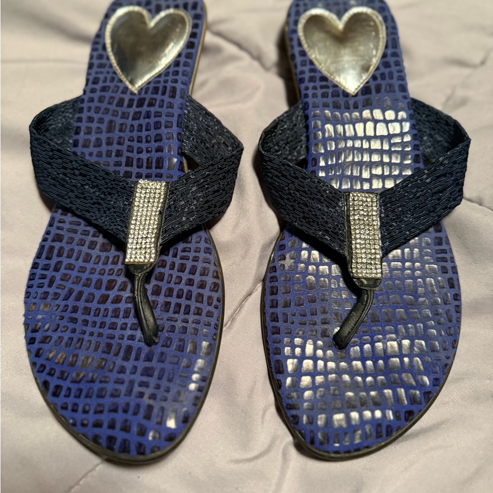 Love & Liberty blue flip flops crocodile pattern silver heart & bling. Beachcore
